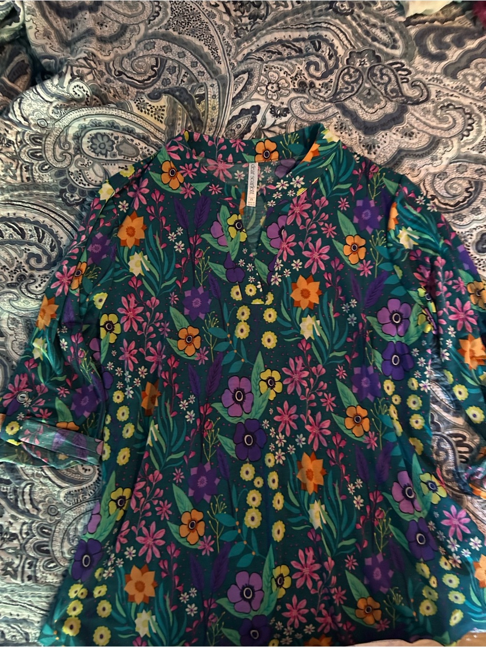 Floral V-Neck Tunic in Green with Multicolor Blooms
